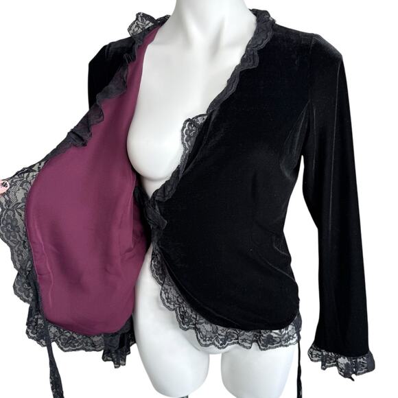 Vintage Y2K ICE Black Velvet Lace Wrap Blouse Top Women’s S Romantic Goth - Picture 4 of 7